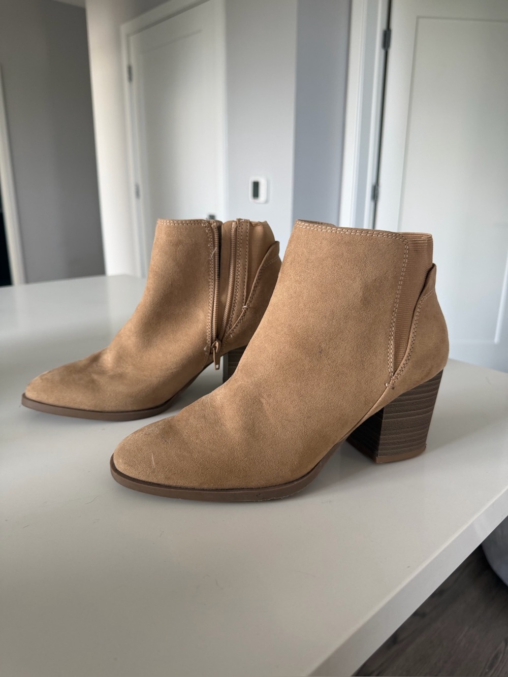 LC Lauren Conrad Tan Suede Block Heel Ankle Booties